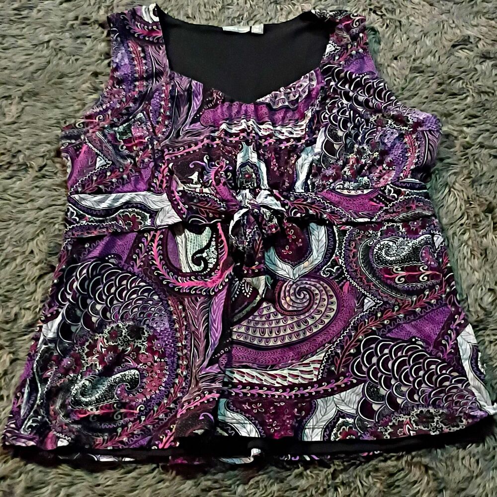apt. 9 woman Purple Black White Paisley Ruched Scoop Neck Sleeveless Tank 1X